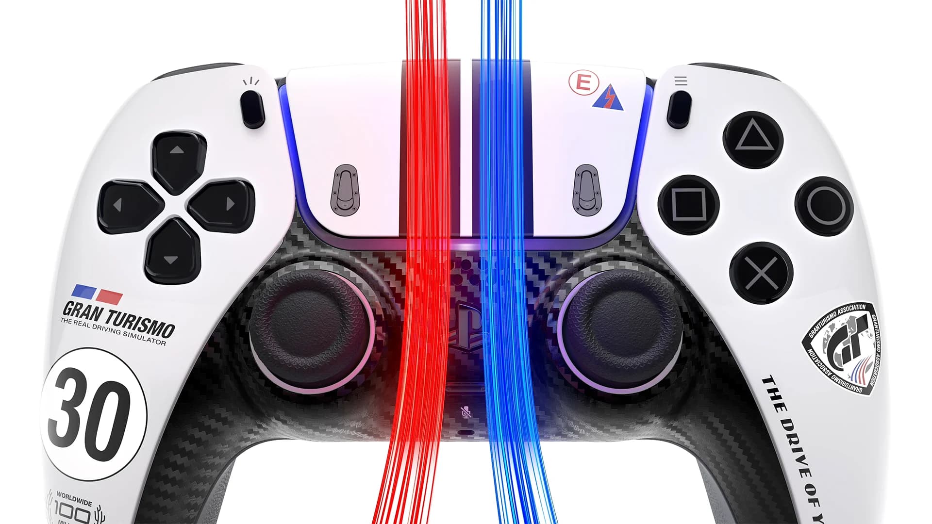 DualSense de Gran Turismo atravesado por líneas rojas y azules